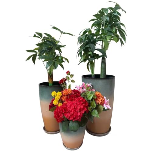 24,21,11 Inch Large Plastic Planters with Drainage Hole and Saucer - Set of 3 Tall Plant Pots Indoor Flower Pot Tall Round Planters Outdoor Large Tall Planter - color: Colorful
