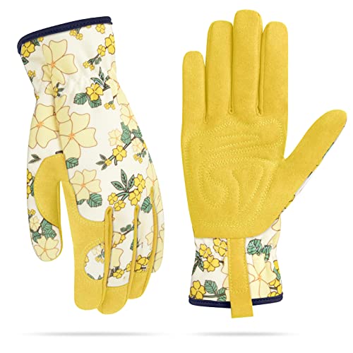 Womens Gardening Weeding Working Gloves, Leather Garden Glove for Women Thorn Proof No Stab for Digging, Planting,Pruning - color: Yellow-large