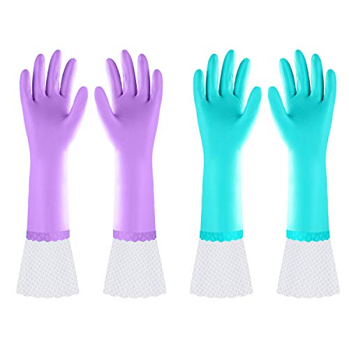 Elgood Reusable Long Dishwashing Cleaning Gloves with Latex Free, Long Cuff,Cotton Lining,Kitchen Gloves 2 Pairs,Purple+Blue Large - color: Long Cuff-purple+blue, size: Large (Pack of 2)