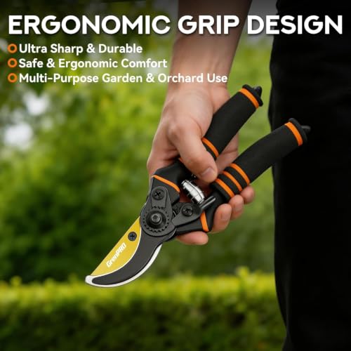 GRENPRO 8.6" Bypass Pruning Shears with SK5 Blades, 1.38" Cut Capacity - color: Black