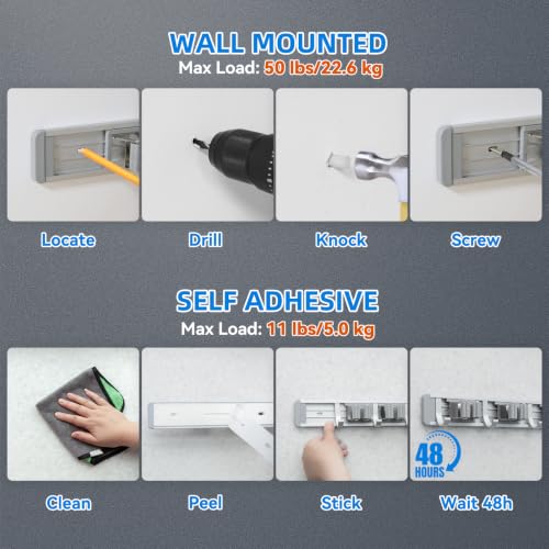 reliahom Broom Holder Wall Mount Mop Hanger Tools organizer 4Racks 5Hooks - color: Gray