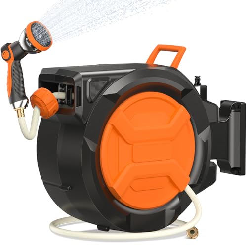Retractable Garden Hose Reel 1/2" 100ft, 2-in-1 Wall Mount & Portable Auto Rewind Water Hose Reel with Any Length Lock & 180° Swivel, Heavy Duty Outdoor Hose Storage for Garden, Patio and Car Washing - color: Orange
