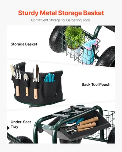VEVOR Garden Seat with Wheels, Rolling Garden Stool with Height Adjustable & 360° Swivel Seat, 400lbs Weight Capacity, Gardening Cart Bench, Ergonomic Backrest & Tool Storage, for Yard, Patio - color: Dark Green