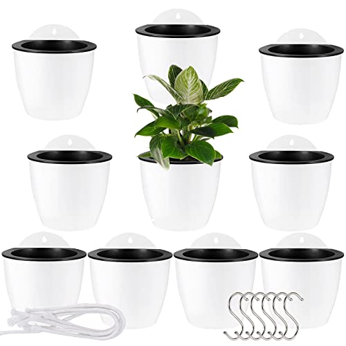 MOUYAT 10 PCS 7 Inch Plastic Wall Mounted Lazy Flower Pots, White Self Watering Hanging Planters with Hooks and Ropes, Water Hanging Plant Pots for Indoor Outdoor Plants - size: 7 Inch 10 PCS