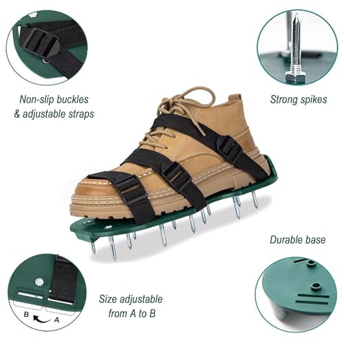 Lawn Aerator Shoes with Adjustable Straps for Grass, Heavy Duty Spiked Aerating Sandals for Yard Patio Lawn Garden, Aerator Lawn Tool or Screed Shoes, One Size Fits All, Black Green Epoxy Shoes