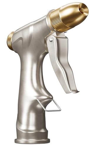 100% Metal Heavy Duty Garden Hose Nozzle with Brass Nozzle with 4 Patterns - color: Silver Gray