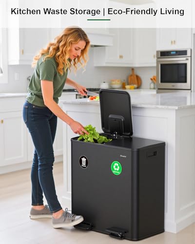 Lovewind 2×11.5 Gallon Dual Trash Can, Stainless Steel Dual Garbage and Recycling Can with Foot Pedal, 90° Stay-Open Lid, Pet-Proof Design – Large Dual Compartment Trash Recycling Bins Kitchen, Black - color: Black, size: 23 Gallon