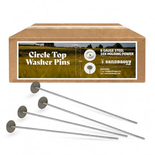 Sandbaggy 12 Inch Circle Top Pins | Industrial Grade 6 Gauge Steel | Great for Hard & Rocky Soil | Holds 10X Better | Landscape Staples SOD Garden Stakes Weed Barrier (12 Inch - 20 Pcs) - size: 12 Inch - 20 Pcs