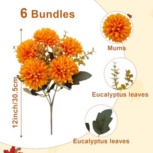 6 Bundles Artificial Mums for Outdoors UV Resistant Fake Fall Flowers for Outdoor Realistic Fall Mums with Eucalyptus Leaves for Planter Front Porch Window Box Patio Garden Autumn Thanksgiving Decor - color: Orange