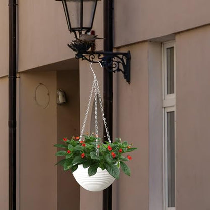 Srmayyi 4 Pack 8 inch Plastic Self Watering Hanging Planters,Round Hanging Basket Planter with Drainer and Metal Chain,White Garden Flower Plant Pot Container for Indoor Outdoor Plants - size: 4 pcs white