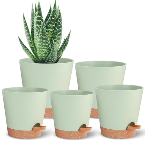Self Watering Planters for Outdoor Plants 7/6.5/6/5.5/5Inch 5Pack Flower Pot for House Plants Green Indoor Plastic Pots Plant Pots Succulent Pots with Drainage Hole and Deep Reservoir - color: Green, size: 7+6.5+6+5.5+5Inch
