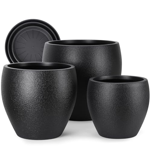 YNNICO 17.5/14.8/12.2 inch Large Flower Pots Plastic Planter with Drainage - color: Black