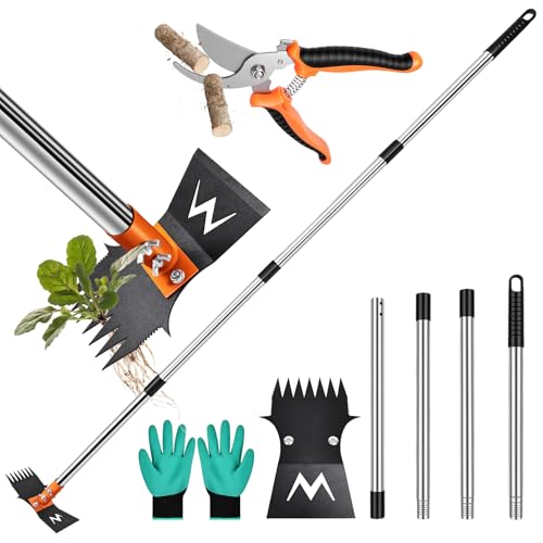 Weed Puller Tool & Garden Hoe, 60 Inch Long Handle, Heavy Duty Weed Remover - color: orange