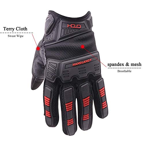 HANDLANDY Mens Work Gloves Touch screen, Utility Mechanic Gloves, Flexible Breathable Fit- Padded Knuckles & Palm - color: Black Red, size: Large