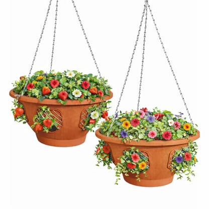 Ultimate Hanging Baskets - Strawberry, Tomato, Flower, and Herb Outdoor Planters - Use Garden Pots for Growing Plants Outside On A Deck, Fence, or Balcony (2, Terracotta) - color: Terracotta