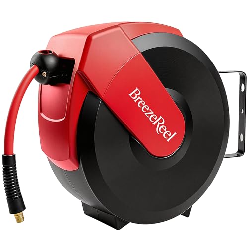 Retractable Air Hose Reel, 50ft x 3/8" Hybrid Air Hose Max 300PSI, Air Compressor Hose Reel, Auto Rewind & 180° Swivel - Wall/Ceiling Mount for Workshops