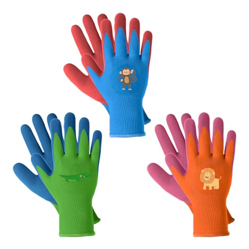 MIG4U Kids Gardening Gloves 3 Pairs, Rubber Coated Yard Work Gloves Waterproof Durable for Boys and Girls - color: Clashing Colors, size: Medium