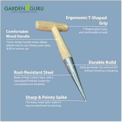 Garden Guru Steel Dibber Planter Tool for Planting Seeds & Bulbs - High Carbon Steel & Comfortable Wood Carved Handle - for Consistent Planting Flowers Tulips, Daffodils, Dahlias - size: 1 Pack