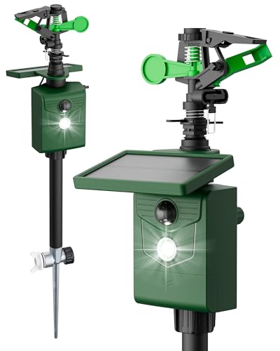 Motion-Activated Sprinkler, Solar Animal Repellent Outdoor - 2 Pack Deer Cat Deterrent with Motion Sensor & Flashing Lights, Protects Yard & Garden from Deer, Cats, Raccoons