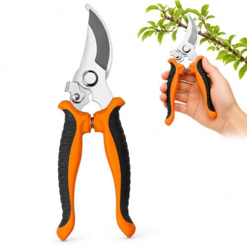 Garden Pruning Shears, Bypass Pruners with Sharp Stainless Steel Blades, Ergonomic Hand Clippers, Plant Scissors, Flower Cutter for Branches, Bonsai, Shrubs, Vines, Trees and Garden Trimming Orange - color: Orange