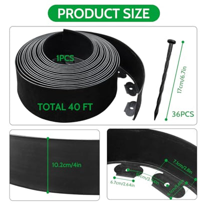 4 in × 40 FT Landscape Edging No Dig with 36 Spikes, Flexible Plastic Heavy-Duty Lawn Border for Yard Garden Flower Bed