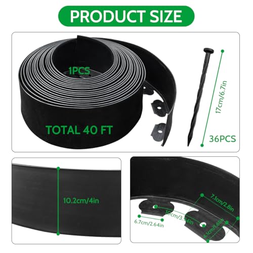 4 in × 40 FT Landscape Edging No Dig with 36 Spikes, Flexible Plastic Heavy-Duty Lawn Border for Yard Garden Flower Bed
