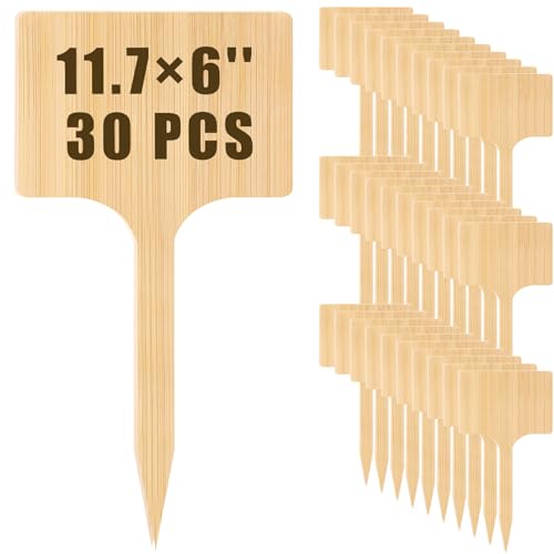 Hicarer 30 Pcs 11.74" x 6" Extra Large Bamboo Garden Markers, Natural Wood T-Type Large Plant Labels for Herbs, Flowers & Vegetables – Easy to Read Full-Size Tags for Garden Outdoor - color: Solid Wood Style, size: 11.74" X 6