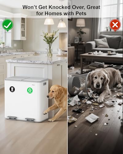 Lovewind 2×11.5 Gallon Dual Trash Can, Stainless Steel Dual Garbage and Recycling Can with Foot Pedal, 90° Stay-Open Lid, Pet-Proof Design – Large Dual Compartment Trash Recycling Bins Kitchen, White - color: White, size: 23 Gallon
