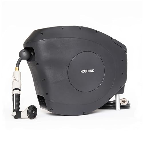 HOSELINK Classic Charcoal 100ft Automatic Retractable Garden Hose Reel, 1/2" UV-Stabilized Kink-Free Hose, Wall Mounted Complete Watering Solution for Backyard, Garden & Outdoor - size: 100ft 1/2" Hi-Flow