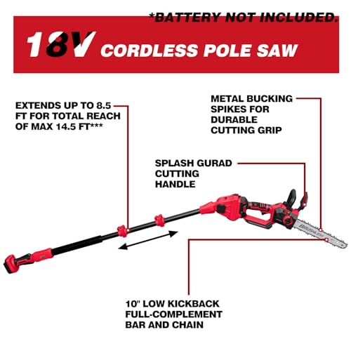 2-IN-1 Cordless 10-Inch Pole Saw And Chainsaw Compatible with Milwaukee 18V Battery, Total Reach of Max 15ft, Auto Oiling, Electric Pole Saw for Tree Trimming Pruning (Battery NOT Included)