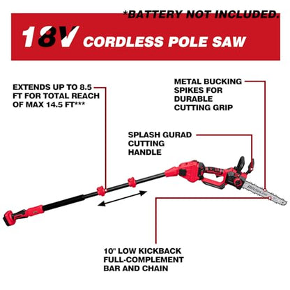 2-IN-1 Cordless 10-Inch Pole Saw And Chainsaw Compatible with Milwaukee 18V Battery, Total Reach of Max 15ft, Auto Oiling, Electric Pole Saw for Tree Trimming Pruning (Battery NOT Included)