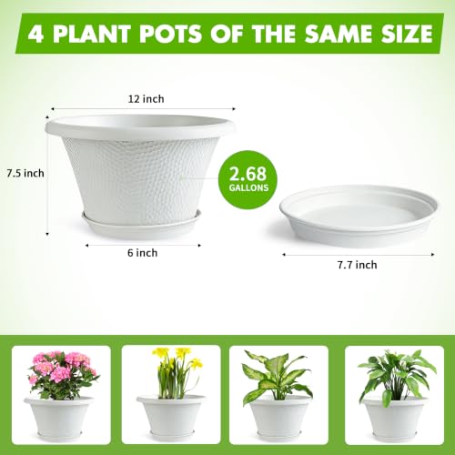 Quarut 12 Inch Pots for Plants,4 Pack Large Flower Pots with Drainage Hole - color: Diamond Pattern-white, size: 12 inch-4 Pack