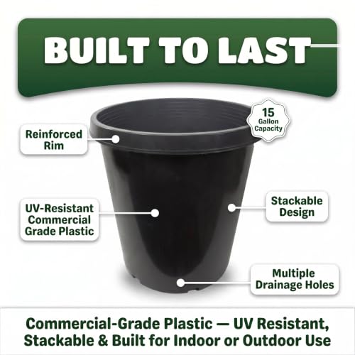 Green Oasis 15 Gallon Nursery Pots (5-Pack) - Premium Injection Molded Black Plastic Plant Pots, Heavy Duty Commercial Grade with Drainage Holes - Perfect for Large Trees, Shrubs & Vegetables