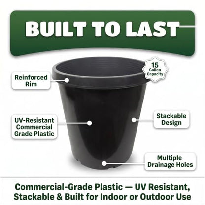Green Oasis 15 Gallon Nursery Pots (5-Pack) - Premium Injection Molded Black Plastic Plant Pots, Heavy Duty Commercial Grade with Drainage Holes - Perfect for Large Trees, Shrubs & Vegetables