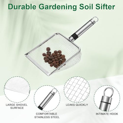 M METERXITY 1-Pack Gardening Soil Sifter, 4.3 mm Mesh Stainless Steel Sand Soil Compost Sieve with Stainless Steel Handle for Sand/Dirt/Rock Compost, Screen Potting Scoop [Silver Tone] - size: 4.3 mm