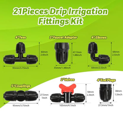 21 Pieces 1/2 Inch Drip Irrigation Fittings Kit, 1/2'' Drip Line Barbed Fittings for 1/2 Inch Irrigation Tubing (1/2" ID x 0.650" OD) Anti-Leak Lock Nut Connectors for Garden Drip System - size: 1/2" Fittings Kit-21P