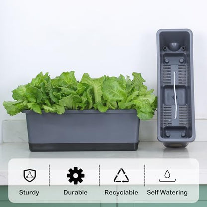 Window Box Planter 4 Packs, 17 Inches Rectangle Flower Pots with Drainage Holes & Trays, Pots for Vegetables, Herbs, Flowers, Garden Windowsill Balcony (Grey, 17 * 5.1 * 6 inch) - color: Gray