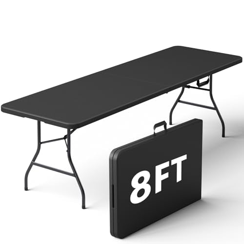 Folding Table, 8FT Foldable Picnic Table with Carrying Handle, Heavy Duty Fold-in-Half Portable Table for Weddings, Camping, RV Travel, Parties, BBQs, and Indoor Use, Easy to Fold and Store - color: Black, size: 8FT
