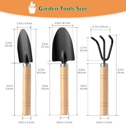 3 Pcs Mini Garden Tool Set with Small Trowel, Mini Shovel & Hand Rake - color: natural wood-3pcs