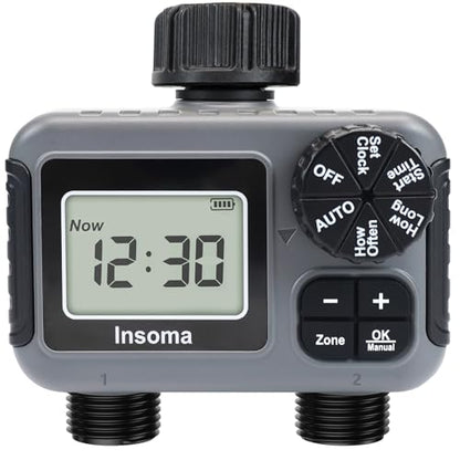 Insoma 2 Zone Water Timer, Programmable Irrigation Sprinkler Timer for Garden Hose, Outdoor Hose Faucet Timers with Rain Delay/Manual/Auto Modes, IPX5 Waterproof for Drip System & Lawn - size: 2 Zone-Plastic
