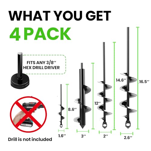 Auger Drill Bit for Planting 4 Pack – Compatible with 3/8 Inch Hex Drive - size: 1.6 x 8.6 + 3 x 12 + 2 x 14.5 + 2.6 x 16.5 Inch