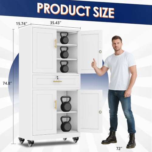 erosoei 75" H Metal Garage Storage Cabinet, Rolling Tool Cabinet - color: White, size: 75"-Drw