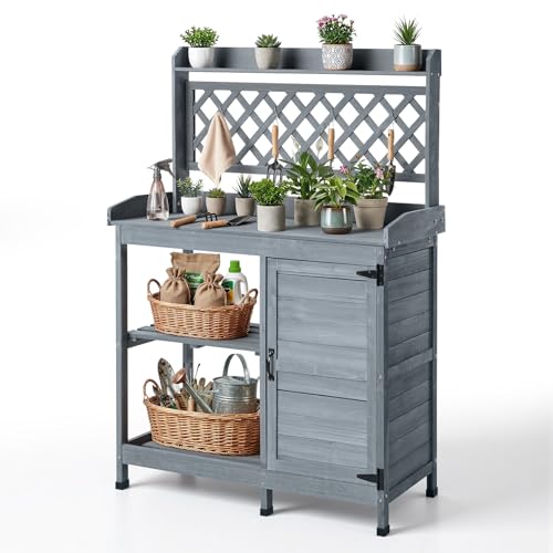 VEVOR Potting Bench Table, Outdoor Gardening Wooden Workstation with Storage Cabinet, Storage Shelves, 43 x 18 in Wood Tabletop, Garden Planting Work Station for Patio, Backyard, Balcony, Gray - color: Gray 4-layer, size: 43x18x58inch