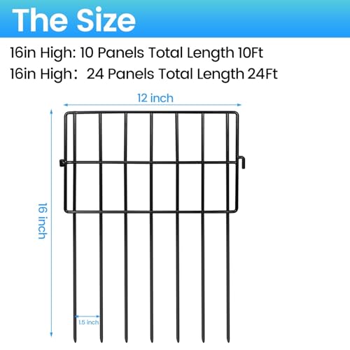 Getlay 10 Pack Animal Barrier Fences, 1.5" Gap No Digging Garden Fence Panels, Metals Black Deterrent Fence for Dogs Rabbits, Decorative Fence for Outdoor Landscape Patio Total 10 ft(L)×16 in(H) - size: 10 ft (L) × 16 in (H), 10 Pack