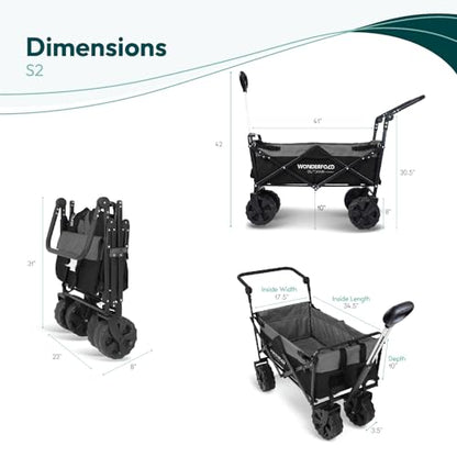 WONDERFOLD S2 Push & Pull Folding Utility Cart with Wide Beach Tires, Adjustable Push Handle, Telescopic Pull Handle with Spring Bounce Technology & Storage Pouch, Black/Gray - color: Black/Gray.