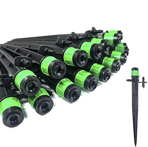 (100-PACK) - 1/4" Inch 360 Degree Drip Emitter On 5" Stake Sprayer Adjustable Flow 0-20 GPH, Fits 1/4 (4-6mm) Irrigation Tubing - Micro Bubbler Drippers for Drip Irrigation (100 Pack Dripper on Stake) - color: 100 Pack Dripper on Stake