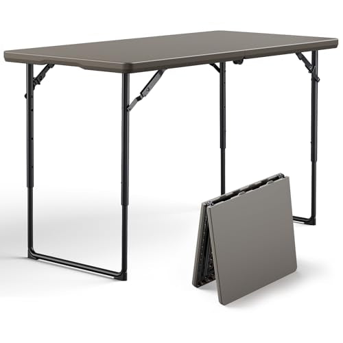 Folding Table, 4FT Foldable Picnic Table with Adjustable Height, Heavy Duty Fold-in-Half Portable Table for Weddings, Camping, RV Travel, Parties, BBQs, and Indoor Use, Easy to Fold and Store, Khaki - color: Khaki, size: 4FT
