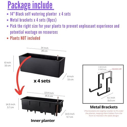 LaLaGreen Deck Railing Planter Boxes (14 Inch, 4 Pack) Self-Watering Window Box Planters with Brackets, Rectangular Hanging Flower Pots for Balcony Fence, Herb Garden Outdoor Black Plastic Planters - size: 14" x 4 Pack (with Bracket)