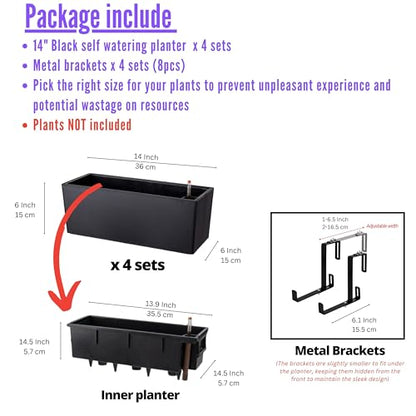 LaLaGreen Deck Railing Planter Boxes (14 Inch, 4 Pack) Self-Watering Window Box Planters with Brackets, Rectangular Hanging Flower Pots for Balcony Fence, Herb Garden Outdoor Black Plastic Planters - size: 14" x 4 Pack (with Bracket)