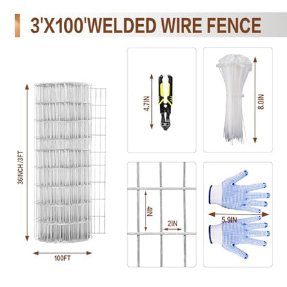 Tongmo 3 ft x 100 ft Galvanized Welded Wire Fence, 16GA Garden Chicken Wire Fence Roll, Mesh Size 2" x 4"Hardware Cloth, Ideal for Yard Protection and Poultry Netting - color: Galvanized, size: 3ft*100ft